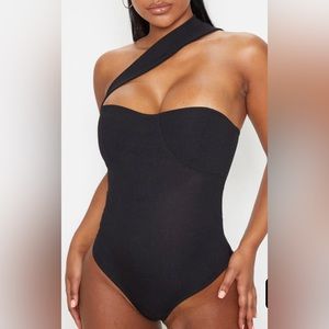 Black Ribbed Asymmetrical Bodysuit